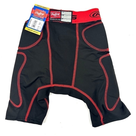 NWT Rawlings Youth Small Baseball Sliding Shorts Padded Sides Black Red Pull On - Picture 2 of 5